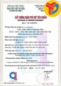 giấy chứng nhận chất lượng sản phẩm tôn thép