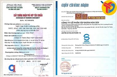 giấy chứng nhận chất lượng sản phẩm tôn thép
